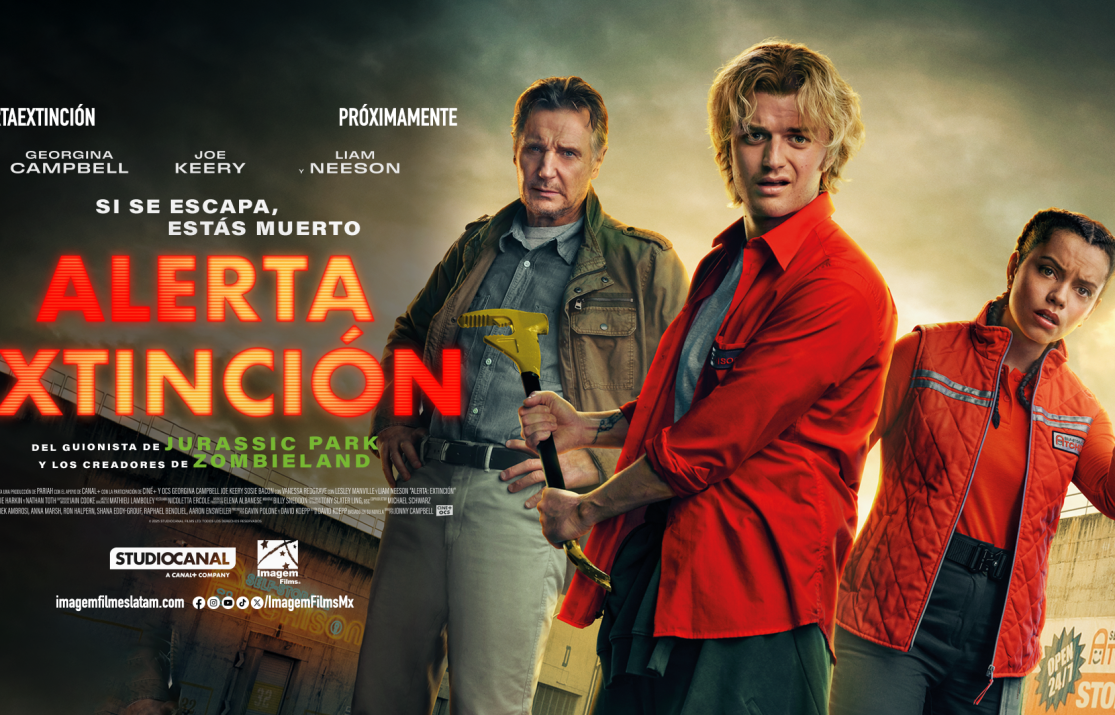 Poster oficial de la película Alerta Extinción protagonizada por Liam Neeson y Joe Keery.